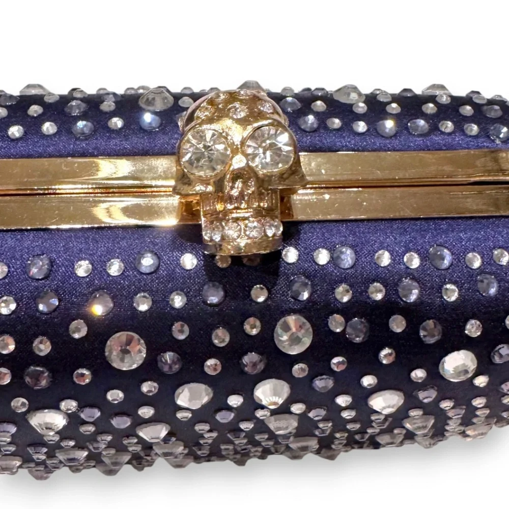 HANDBAG REPUBLIC rhinestone skull clasp evening clutch navy